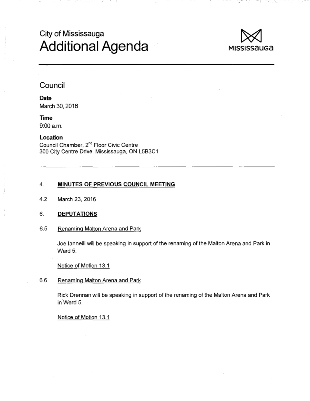 Council Additional Agenda