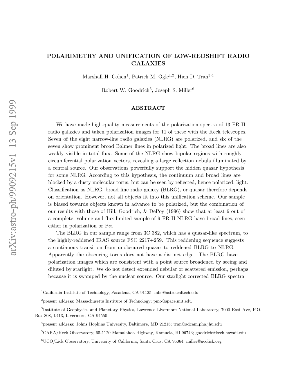 Polarimetry and Unification of Low-Redshift Radio Galaxies