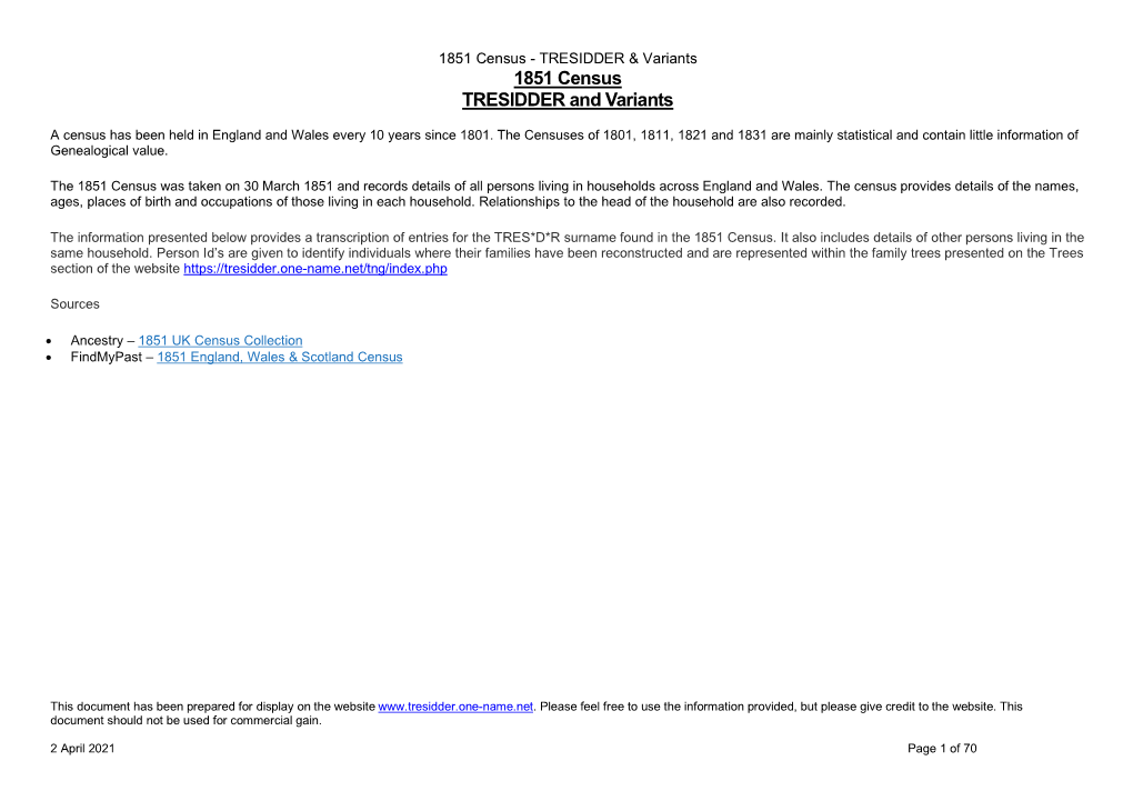 1851 Census - TRESIDDER & Variants 1851 Census TRESIDDER and Variants