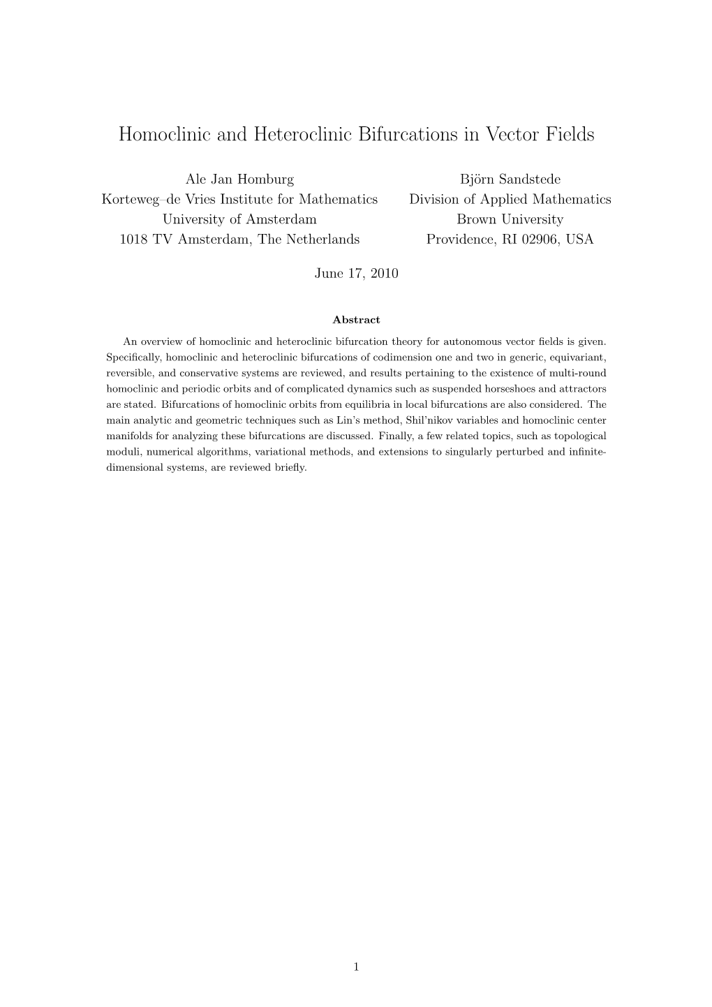 Homoclinic and Heteroclinic Bifurcations in Vector Fields