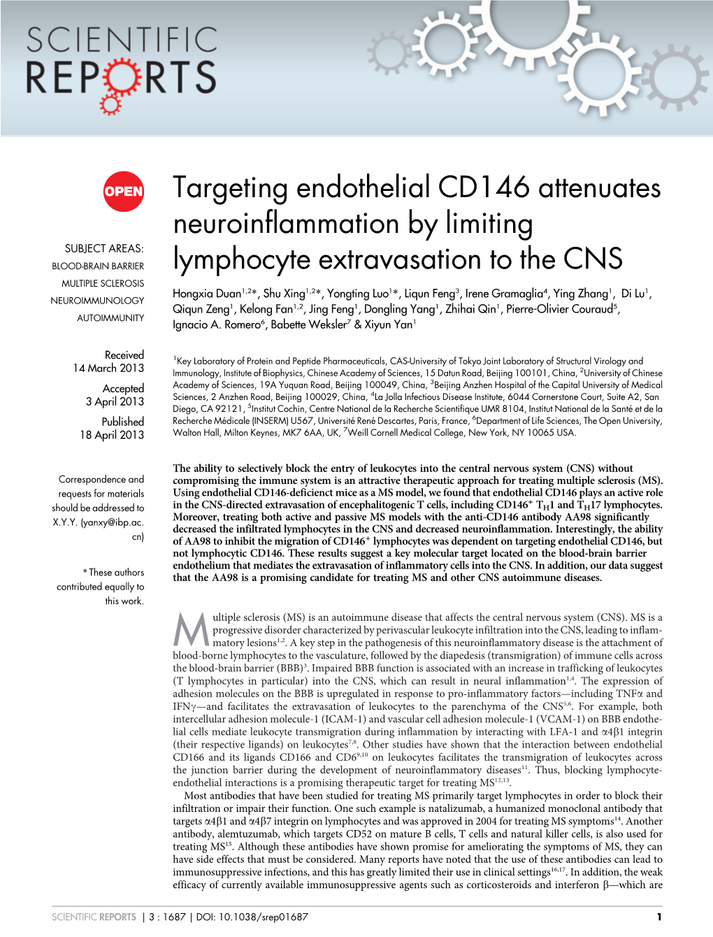 Targeting Endothelial CD146 Attenuates Neuroinflammation By