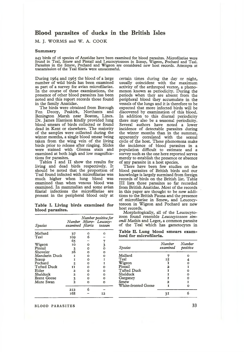 Blood Parasites of Ducks in the British Isles M