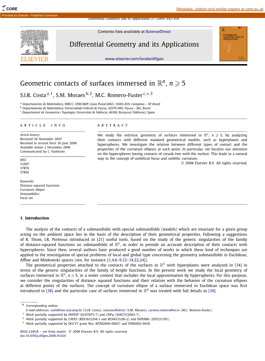 Geometric Contacts of Surfaces Immersed in Rn, N  5 ∗ S.I.R