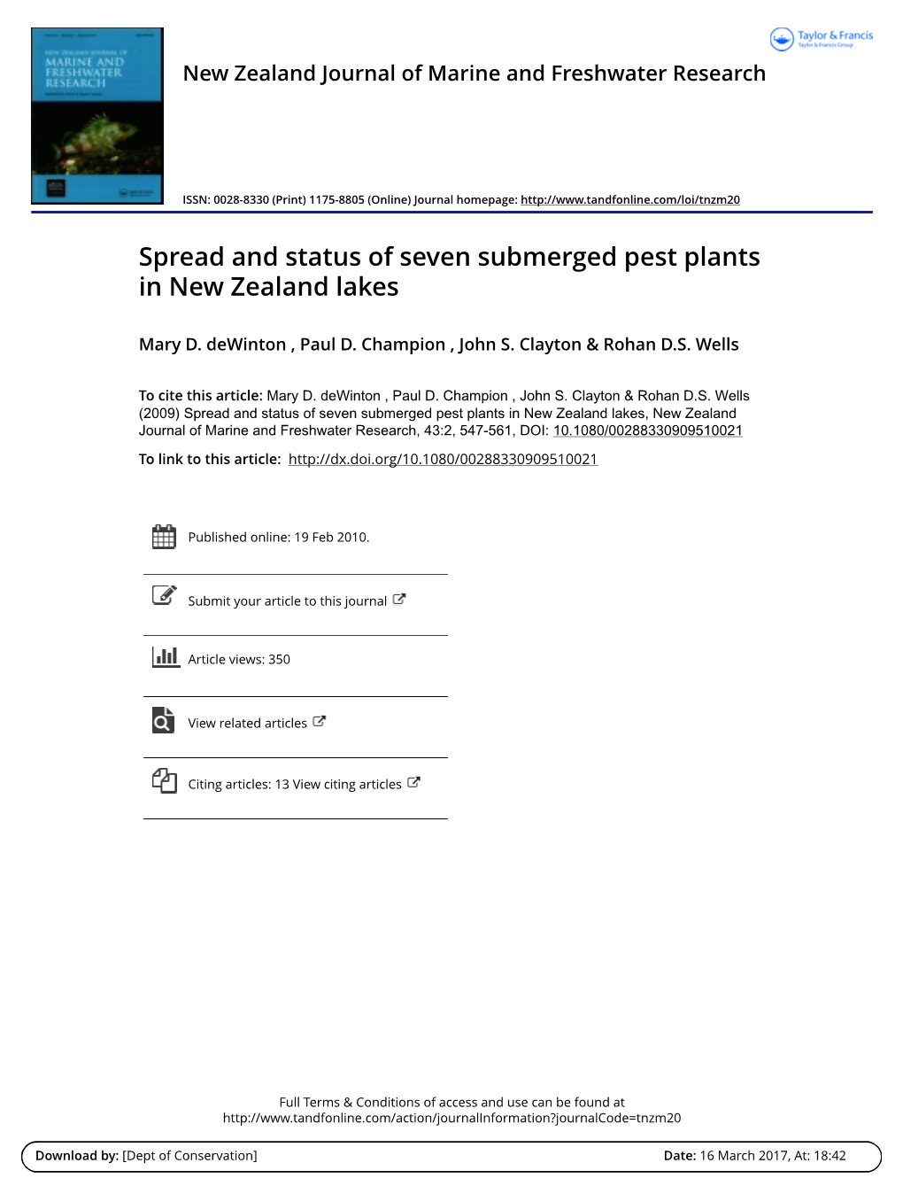 Spread and Status of Seven Submerged Pest Plants in New Zealand Lakes