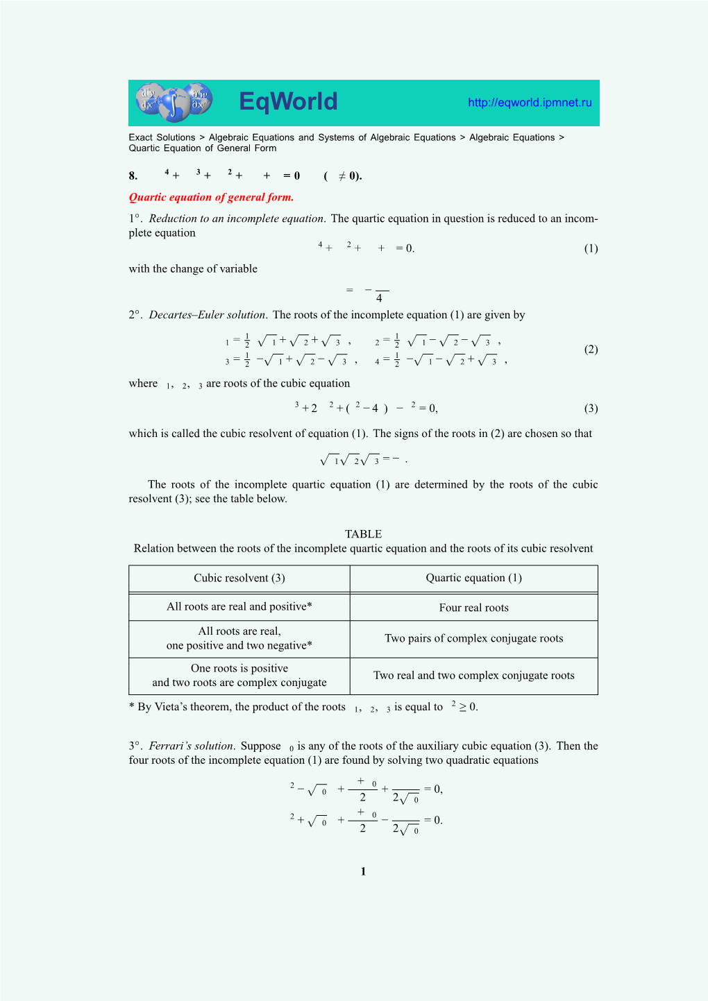 Quartic Equation of General Form