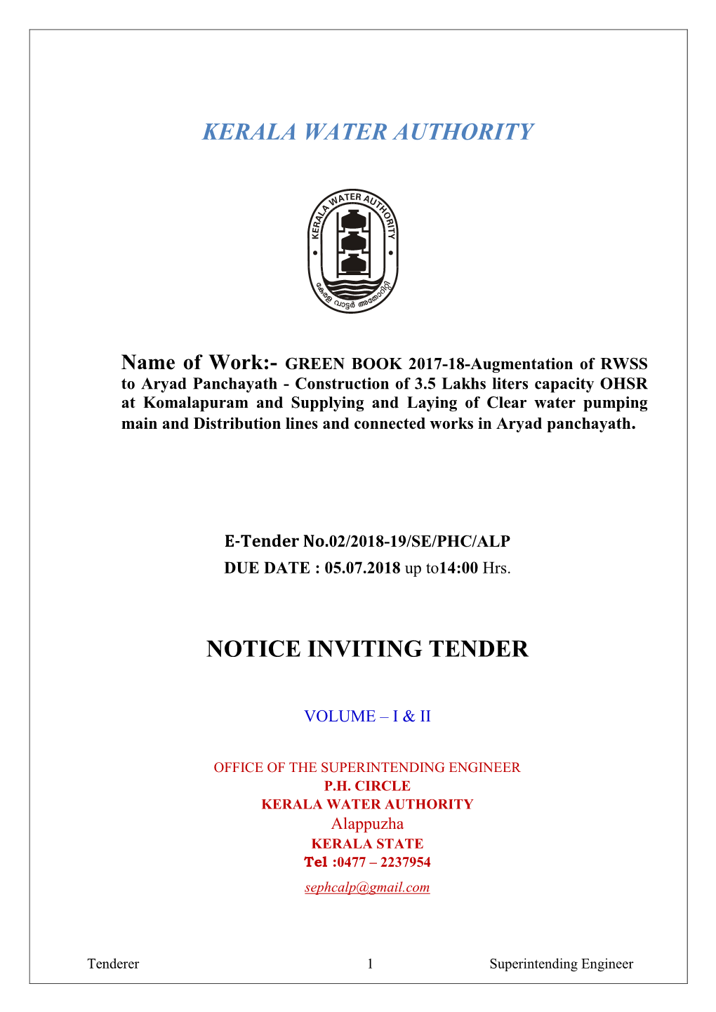 Kerala Water Authority Notice Inviting Tender