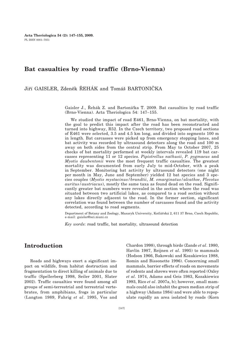 Bat Casualties by Road Traffic (Brno-Vienna)