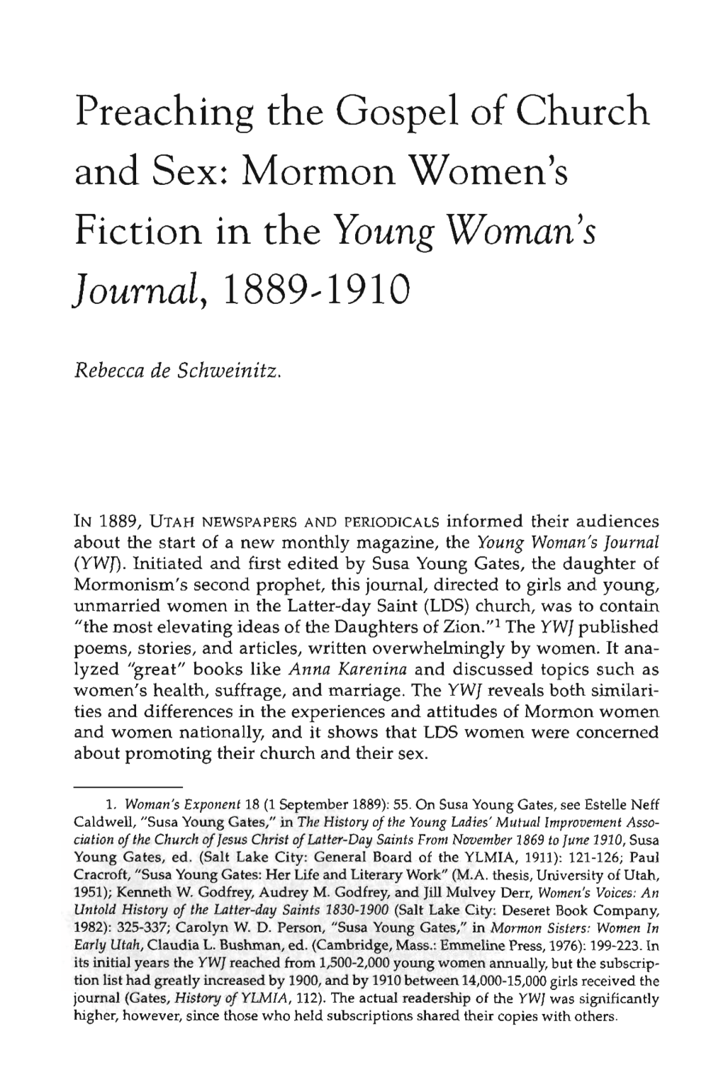 Preaching the Gospel of Church and Sex: Mormon Women's Fiction in the Young Woman's Journal, 18894910