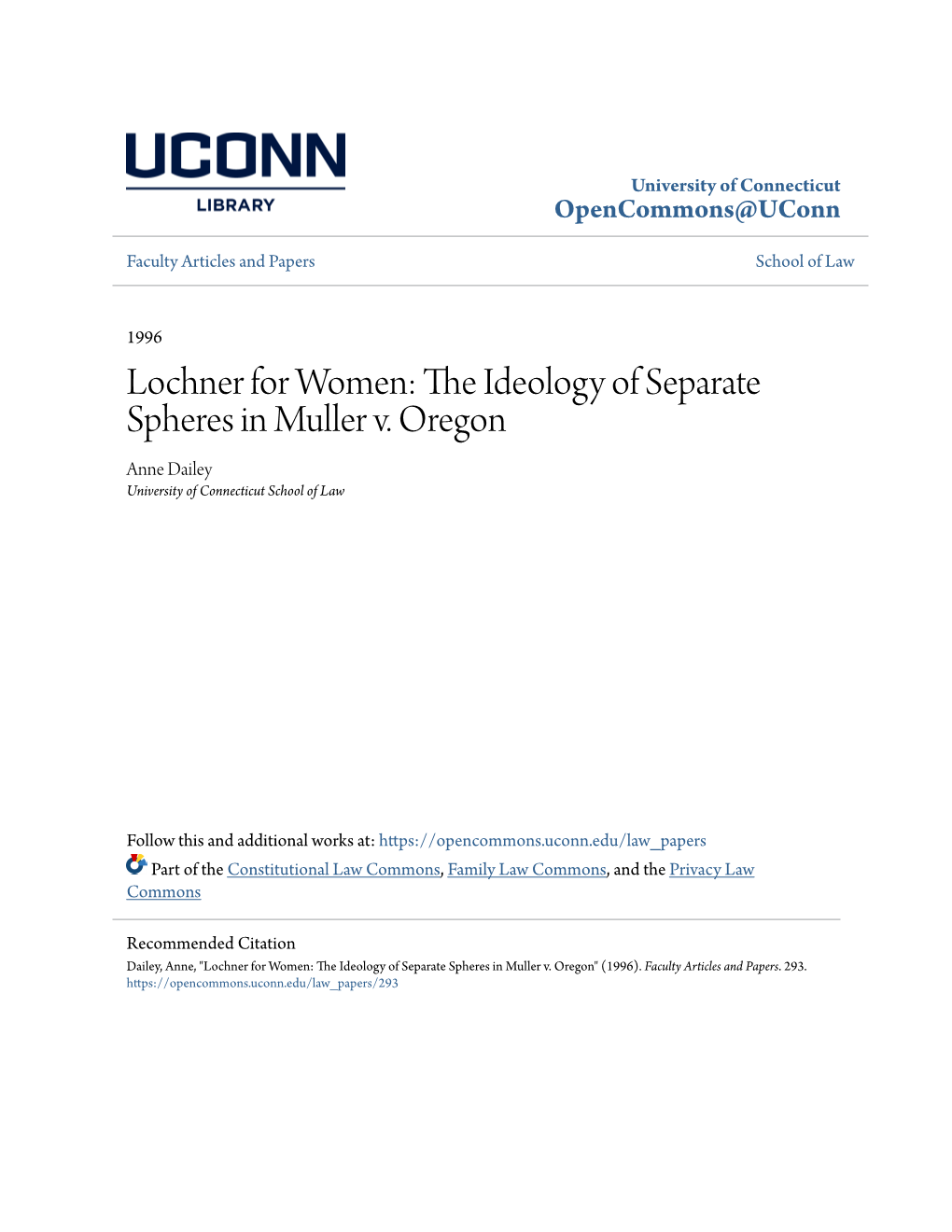 Lochner for Women: the Ideology of Separate Spheres in Muller V. Oregon