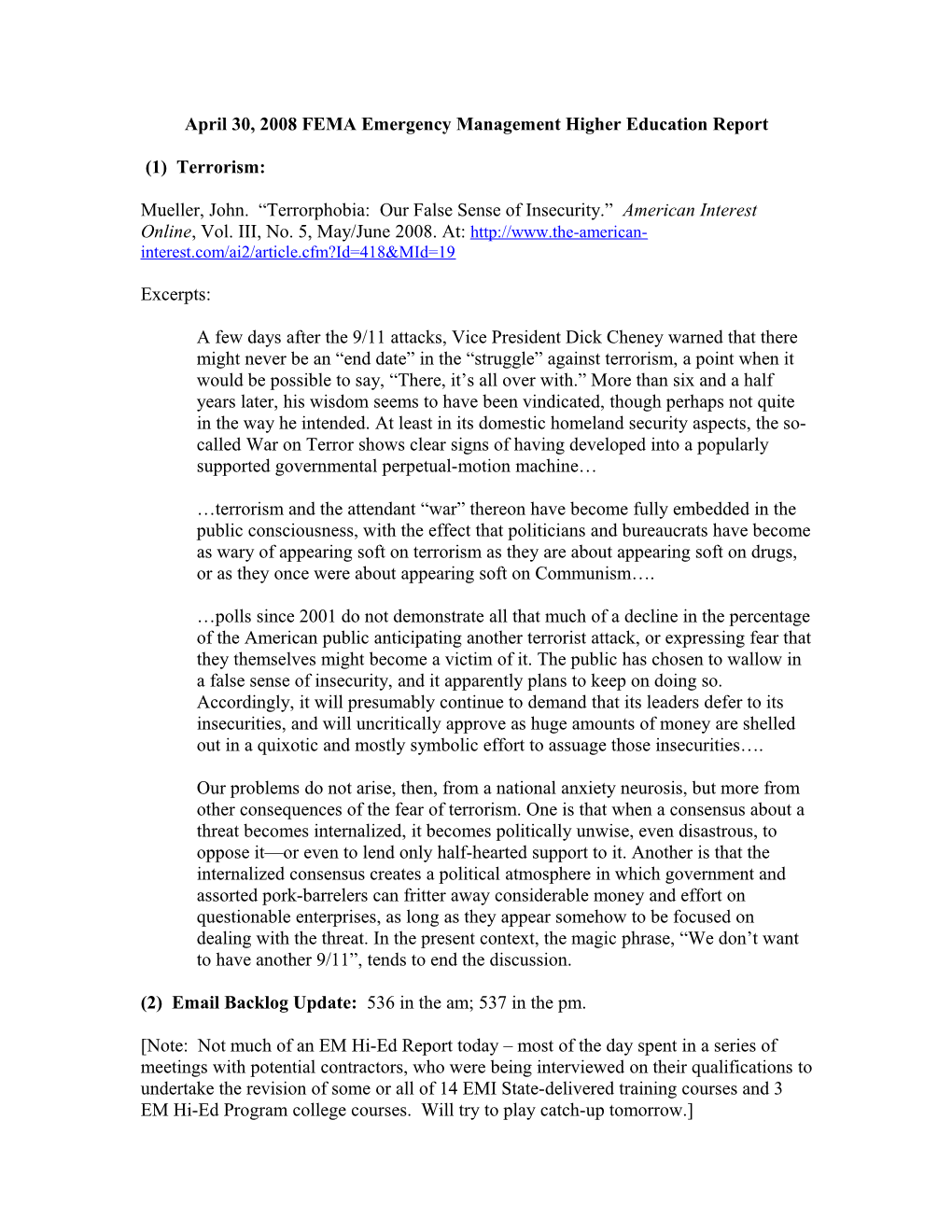 April 30, 2008 FEMA Emergency Management Higher Education Report