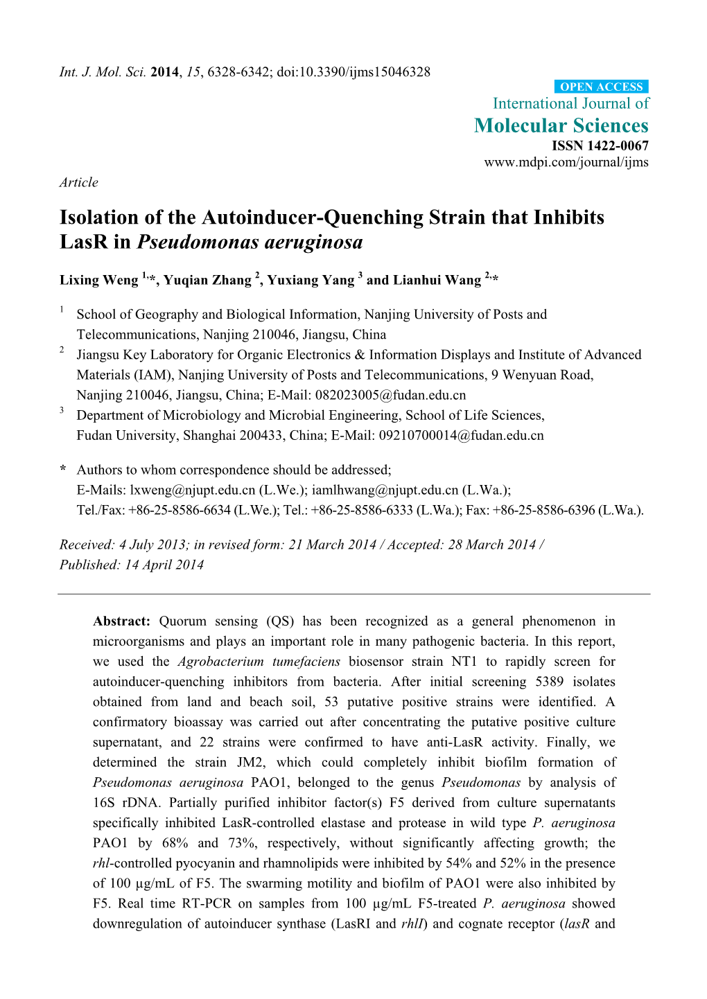 Isolation of the Autoinducer-Quenching Strain That Inhibits Lasr in Pseudomonas Aeruginosa