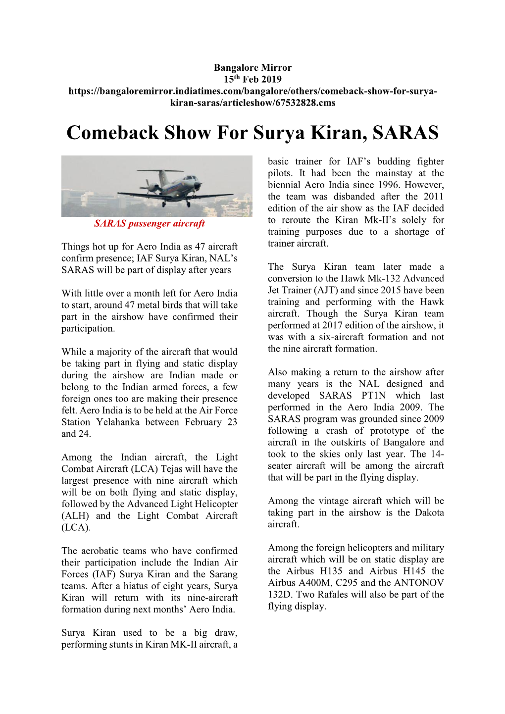 Comeback Show for Surya Kiran, SARAS