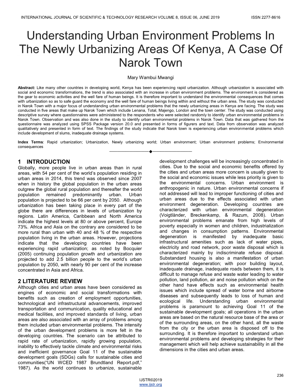 Understanding Urban Environment Problems in the Newly Urbanizing Areas of Kenya, a Case of Narok Town