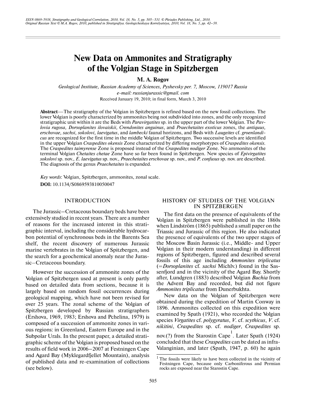 New Data on Ammonites and Stratigraphy of the Volgian Stage in Spitzbergen M