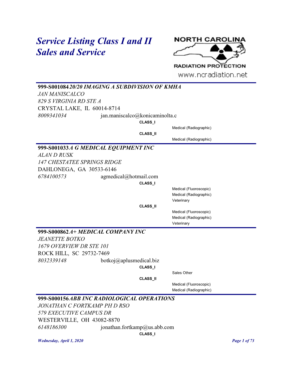 Service Listing Class I and II Sales and Service