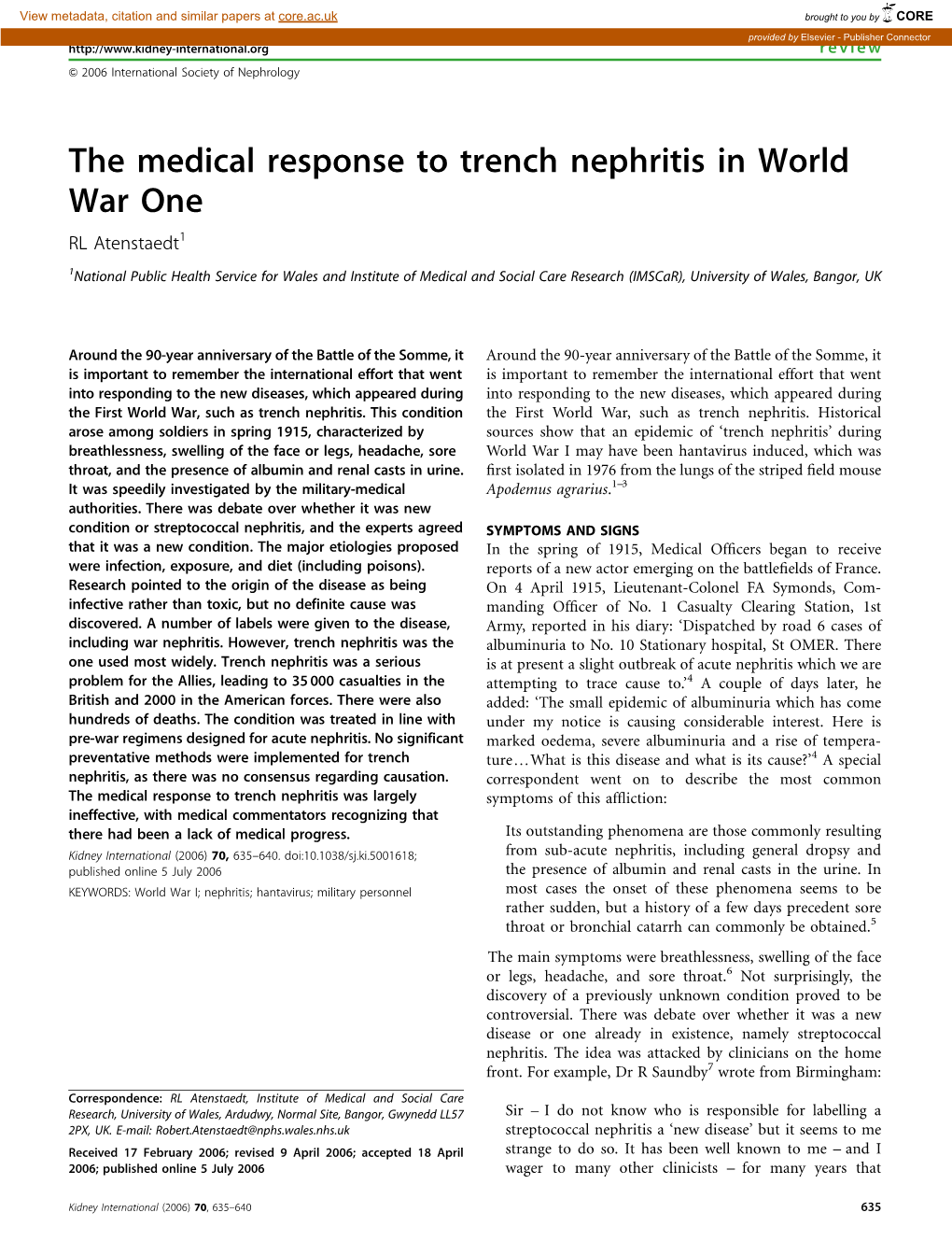 The Medical Response to Trench Nephritis in World War One RL Atenstaedt1