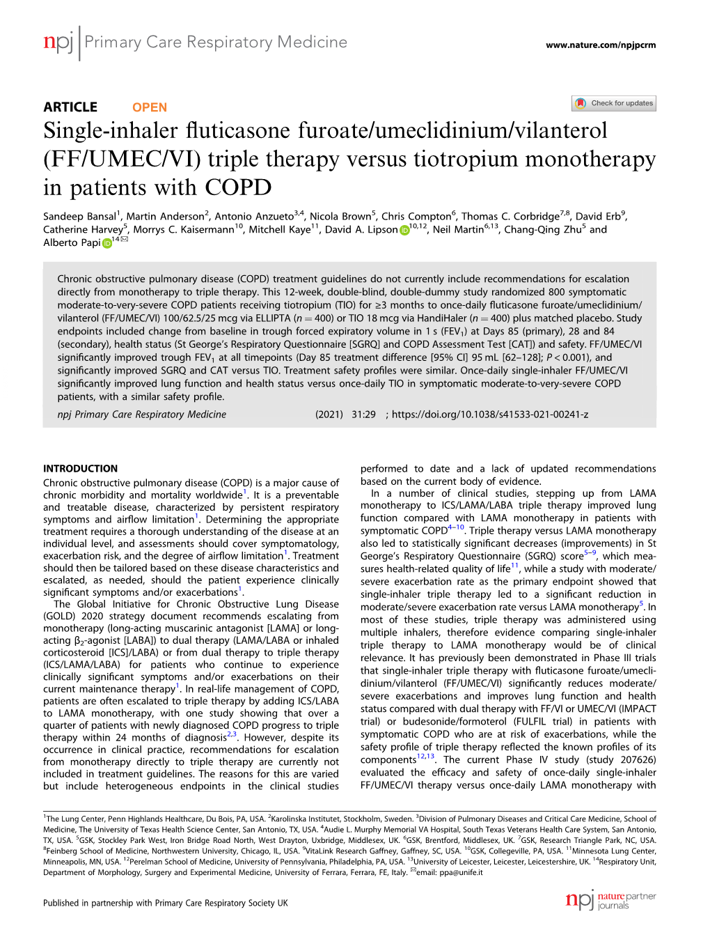 FF/UMEC/VI) Triple Therapy Versus Tiotropium Monotherapy in Patients with COPD