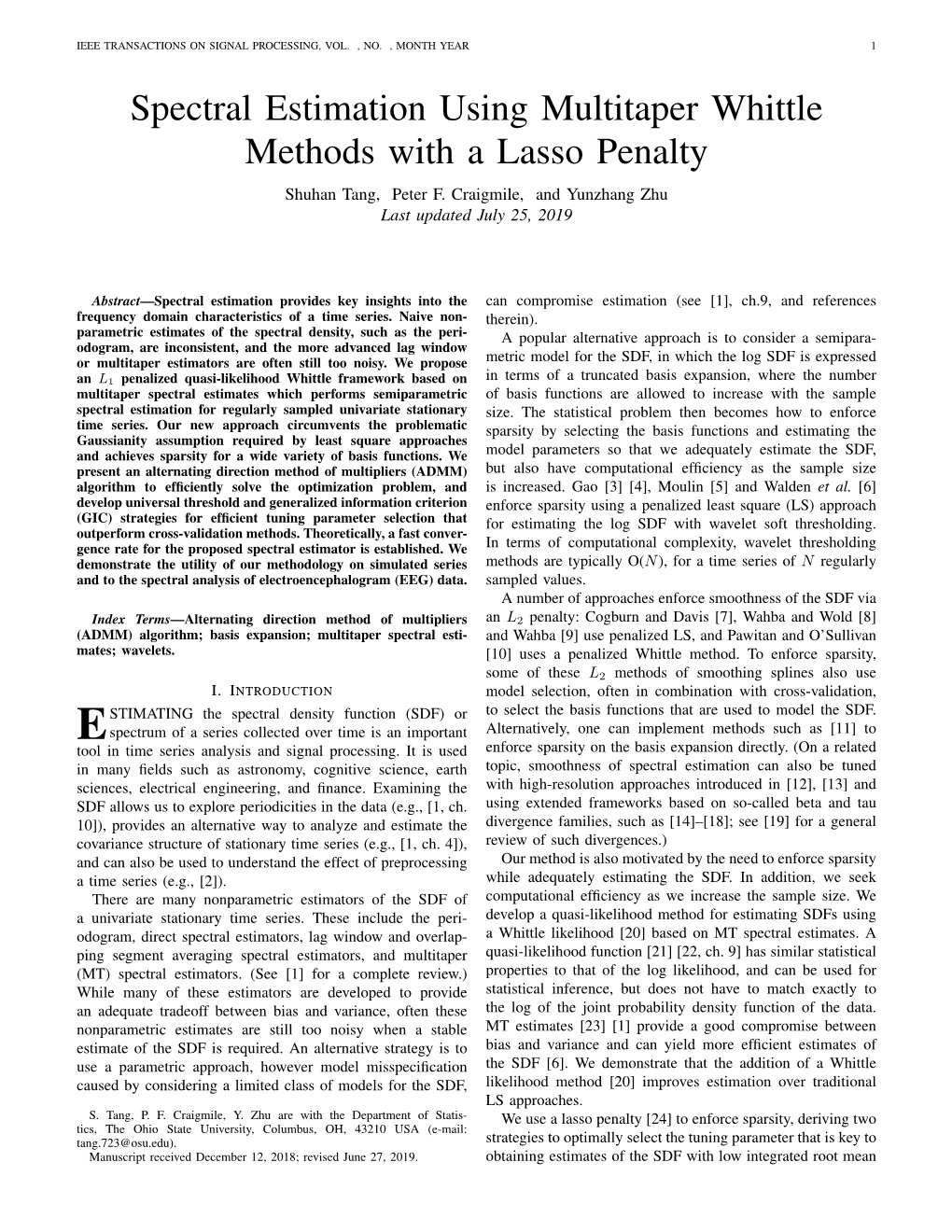 Spectral Estimation Using Multitaper Whittle Methods with a Lasso Penalty Shuhan Tang, Peter F