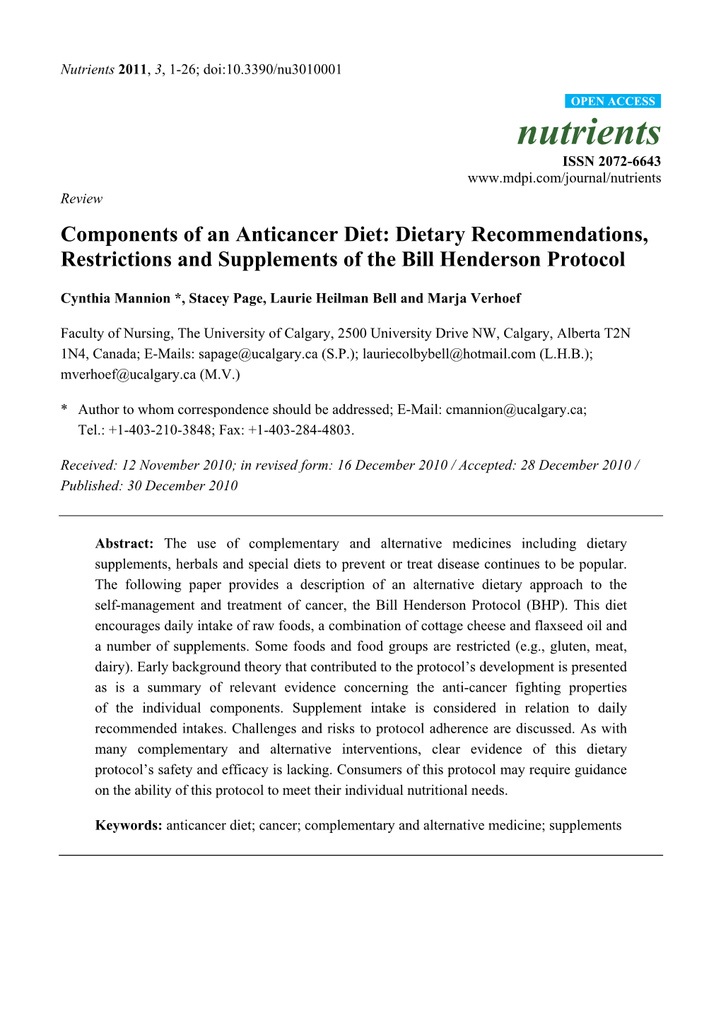 Components of an Anticancer Diet: Dietary Recommendations, Restrictions and Supplements of the Bill Henderson Protocol