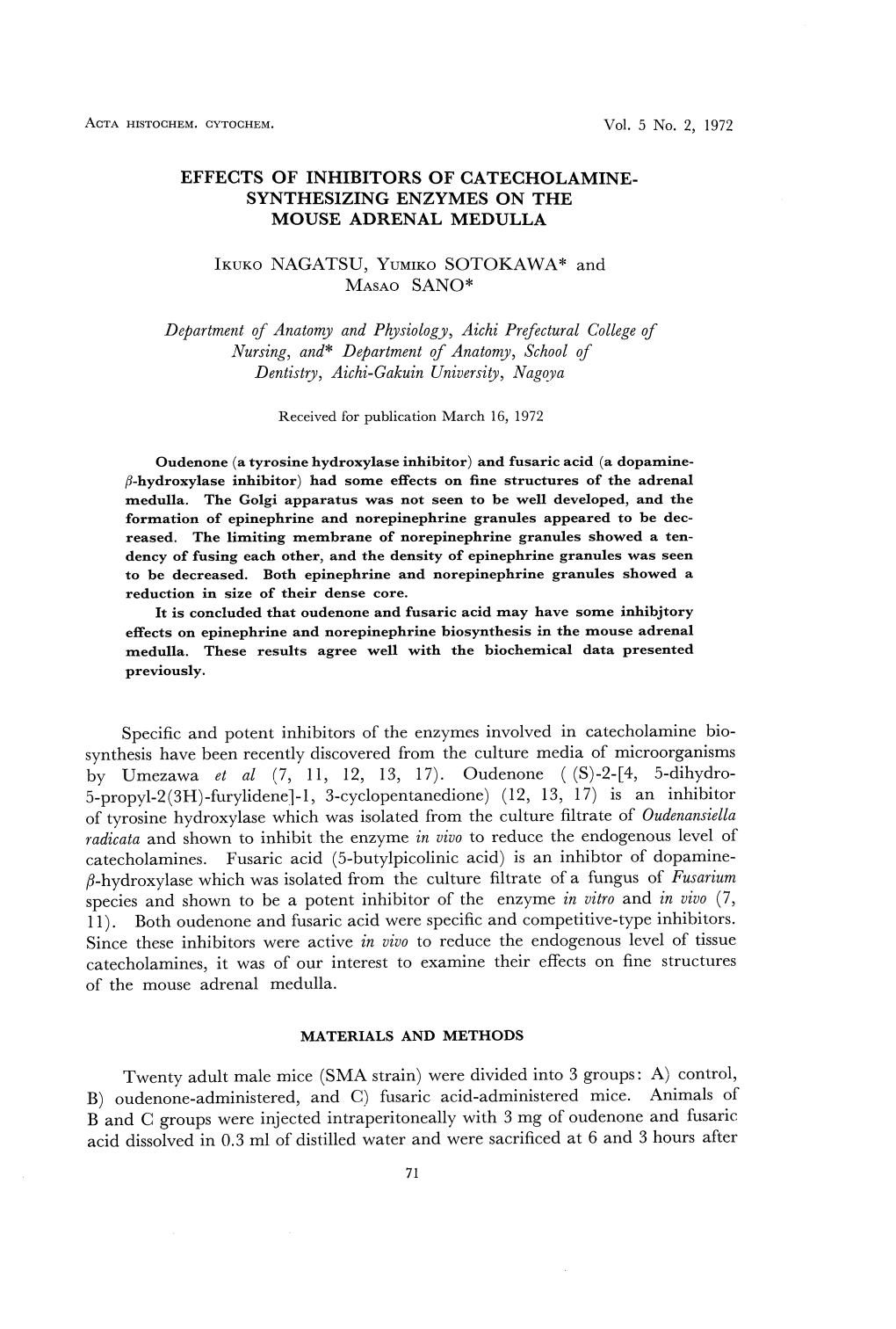 Effects of Inhibitors of Catecholamine-Synthesizing Enzymes on the Mouse Adrenal Medulla