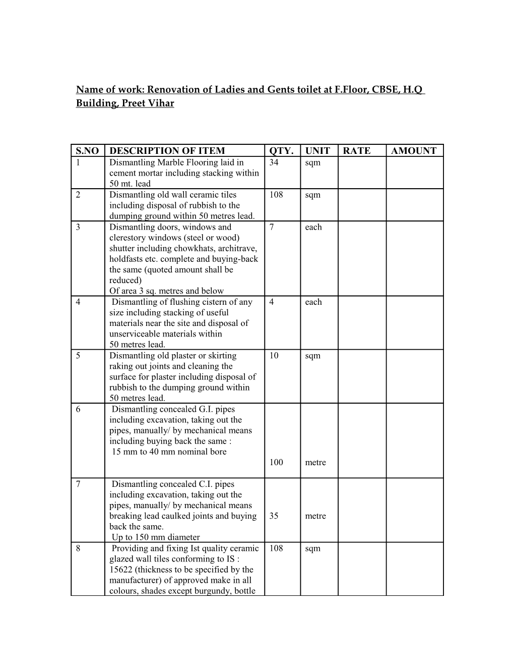 Name of Work: Renovation of Ladies and Gents Toilet at F.Floor, CBSE, H.Q Building, Preet