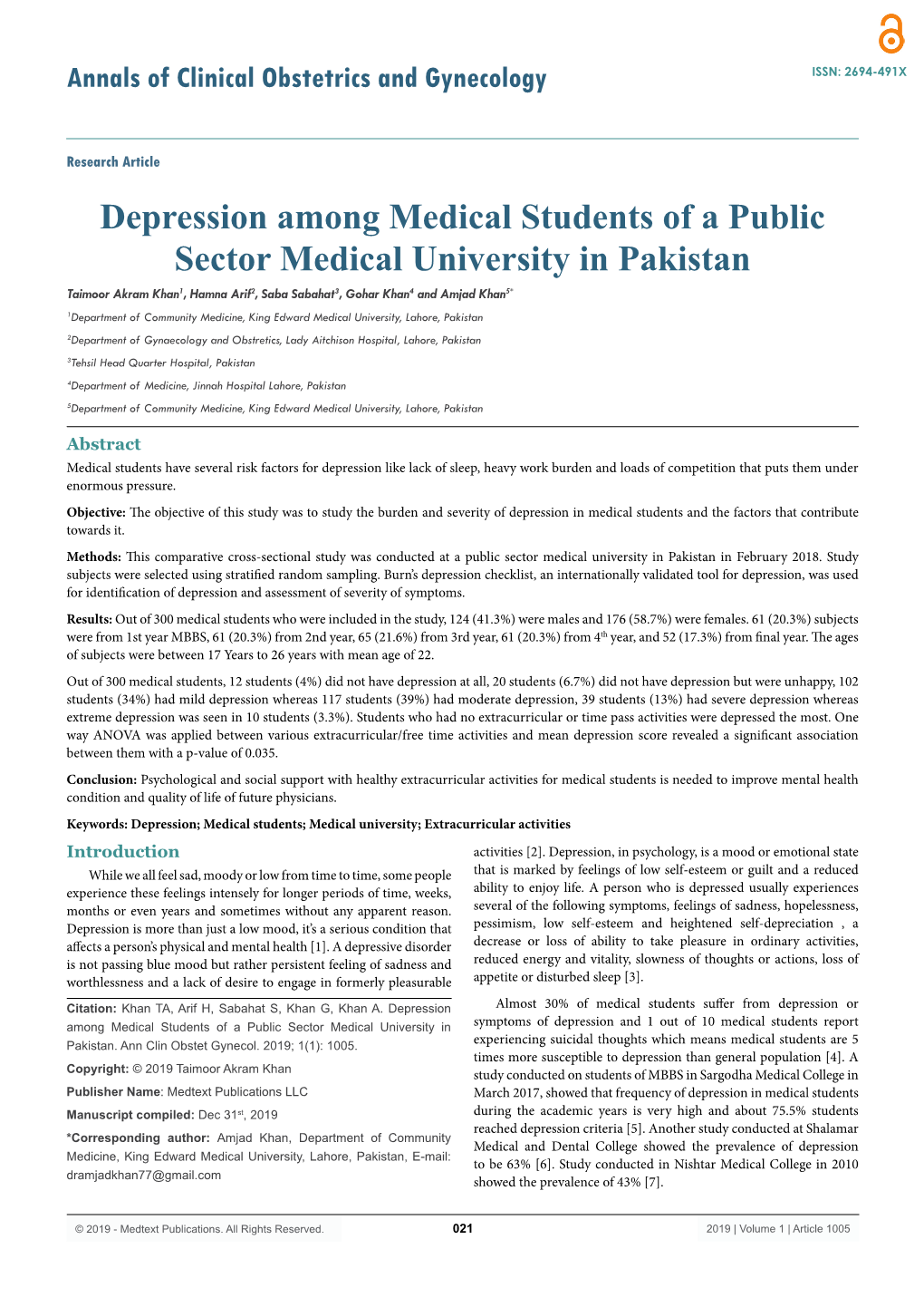 Depression Among Medical Students of a Public Sector Medical