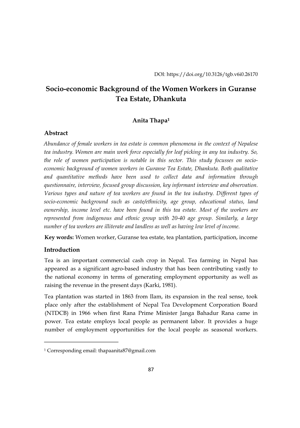 Socio-Economic Background of the Women Workers in Guranse Tea Estate, Dhankuta