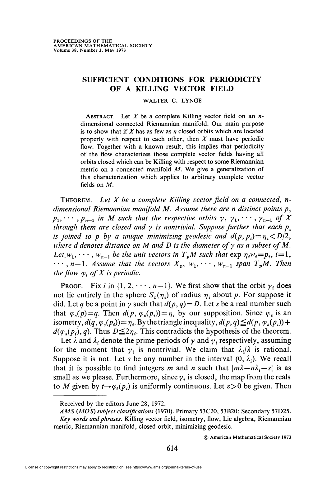 Sufficient Conditions for Periodicity of a Killing Vector Field Walter C