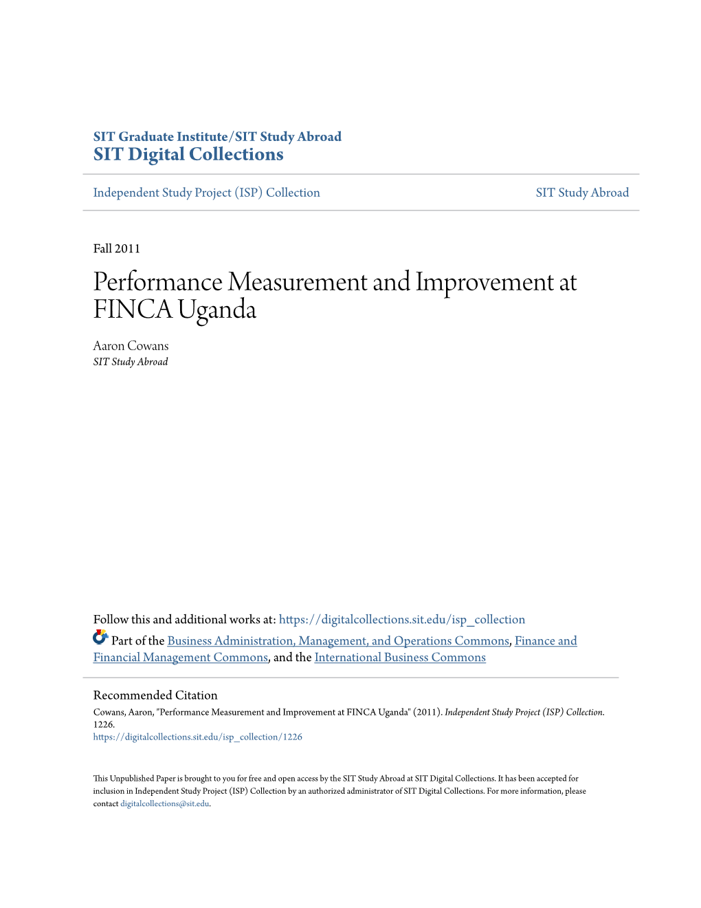 Performance Measurement and Improvement at FINCA Uganda Aaron Cowans SIT Study Abroad