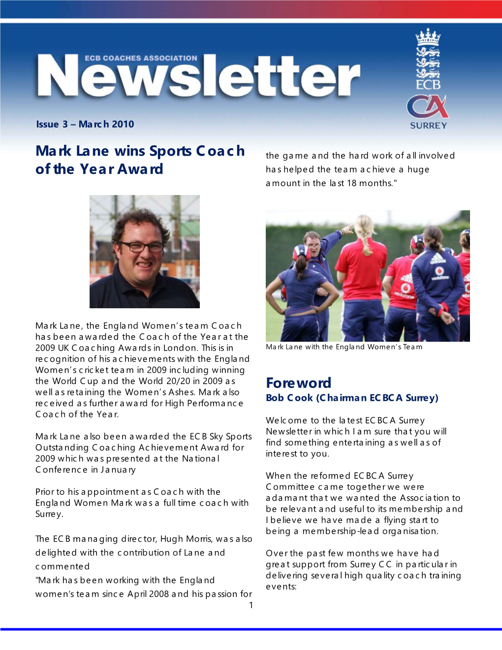 Foreword Mark Lane Wins Sports Coach of the Year Award