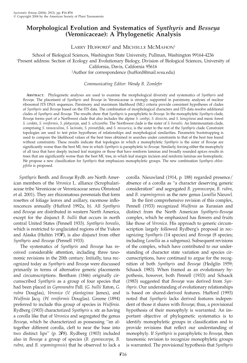 Morphological Evolution and Systematics of Synthyris and Besseya (Veronicaceae): a Phylogenetic Analysis