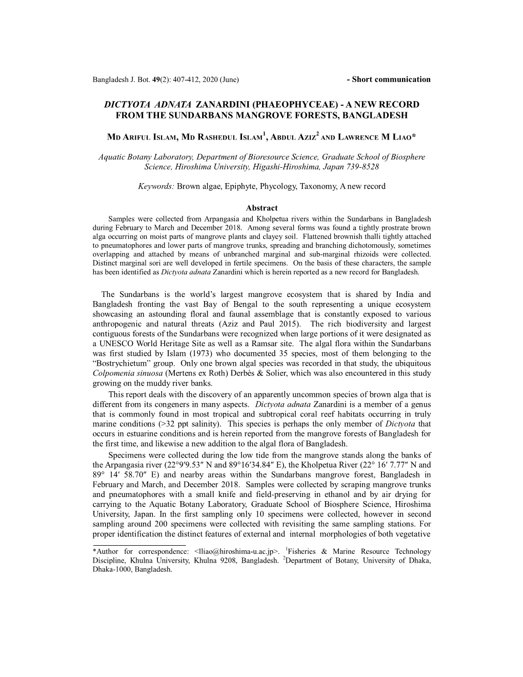 Dictyota Adnata Zanardini (Phaeophyceae) - a New Record from the Sundarbans Mangrove Forests, Bangladesh