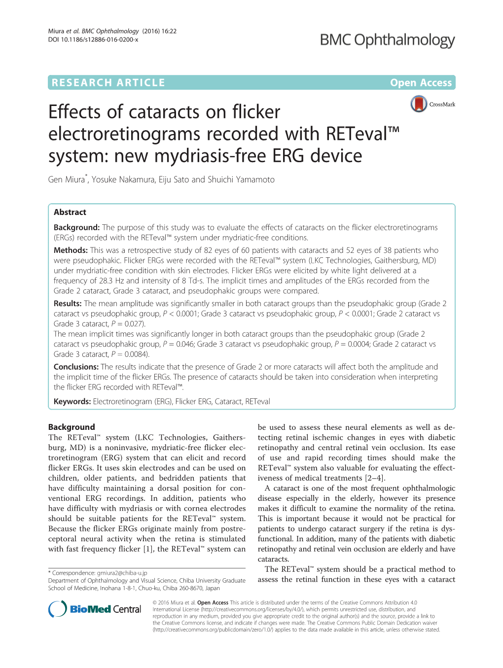 Effects of Cataracts on Flicker Electroretinograms Recorded with Reteval™ System: New Mydriasis-Free ERG Device