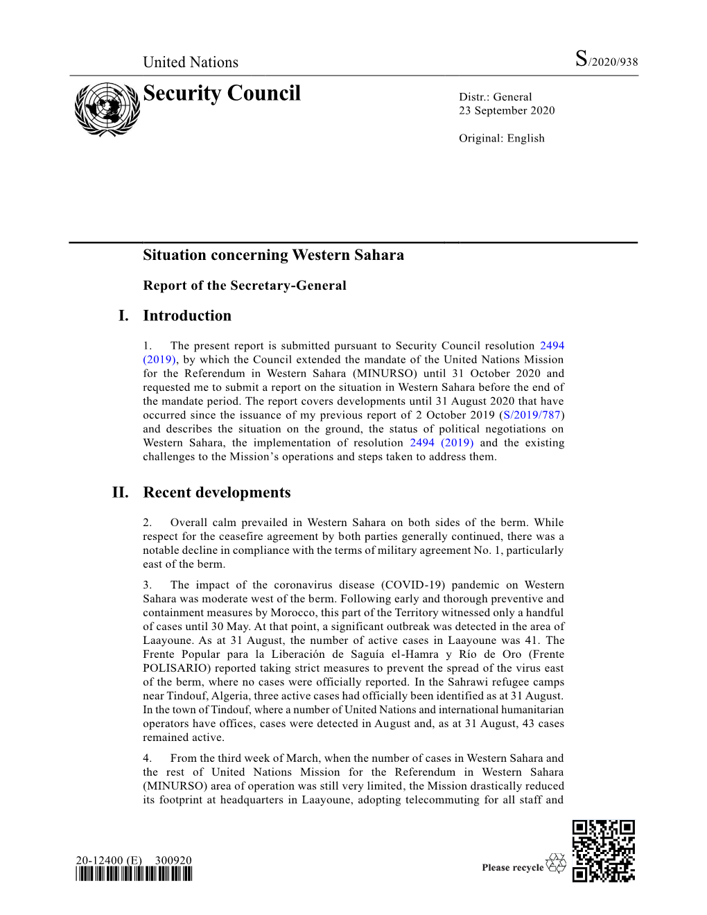 Report of the Secretary-General on the Situation of Western