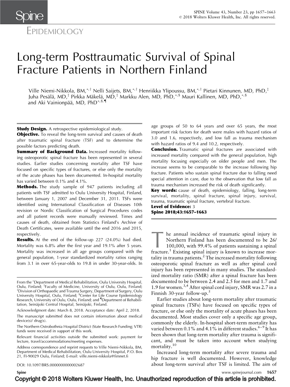 Long-Term Posttraumatic Survival of Spinal Fracture Patients in Northern Finland