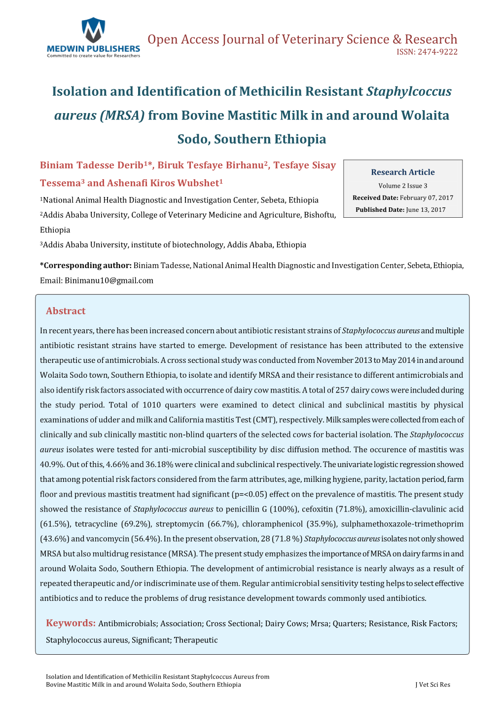 (MRSA) from Bovine Mastitic Milk in and Around Wolaita Sodo, Southern Ethiopia