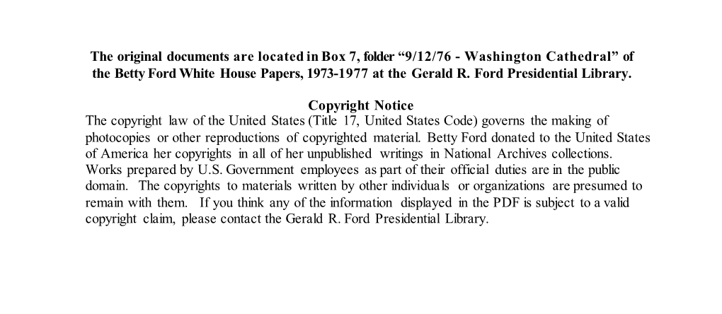 Washington Cathedral” of the Betty Ford White House Papers, 1973-1977 at the Gerald R