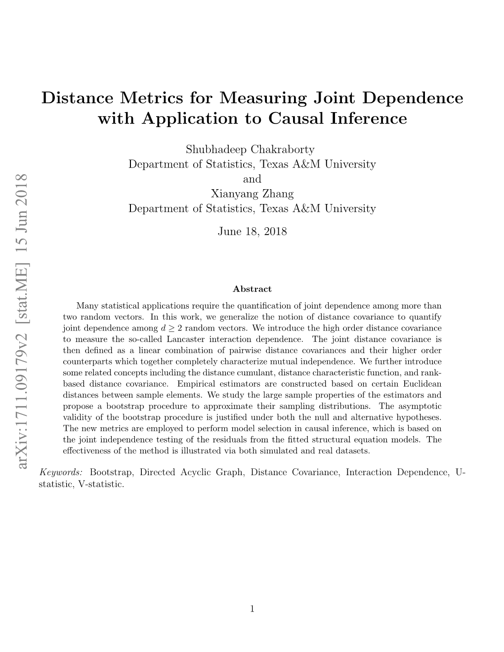 Distance Metrics for Measuring Joint Dependence with Application to Causal Inference Arxiv:1711.09179V2 [Stat.ME] 15 Jun 2018