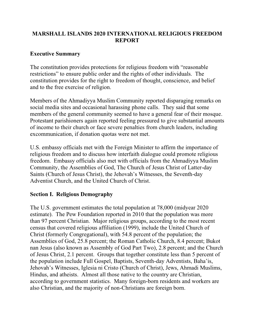 Marshall Islands 2020 International Religious Freedom Report