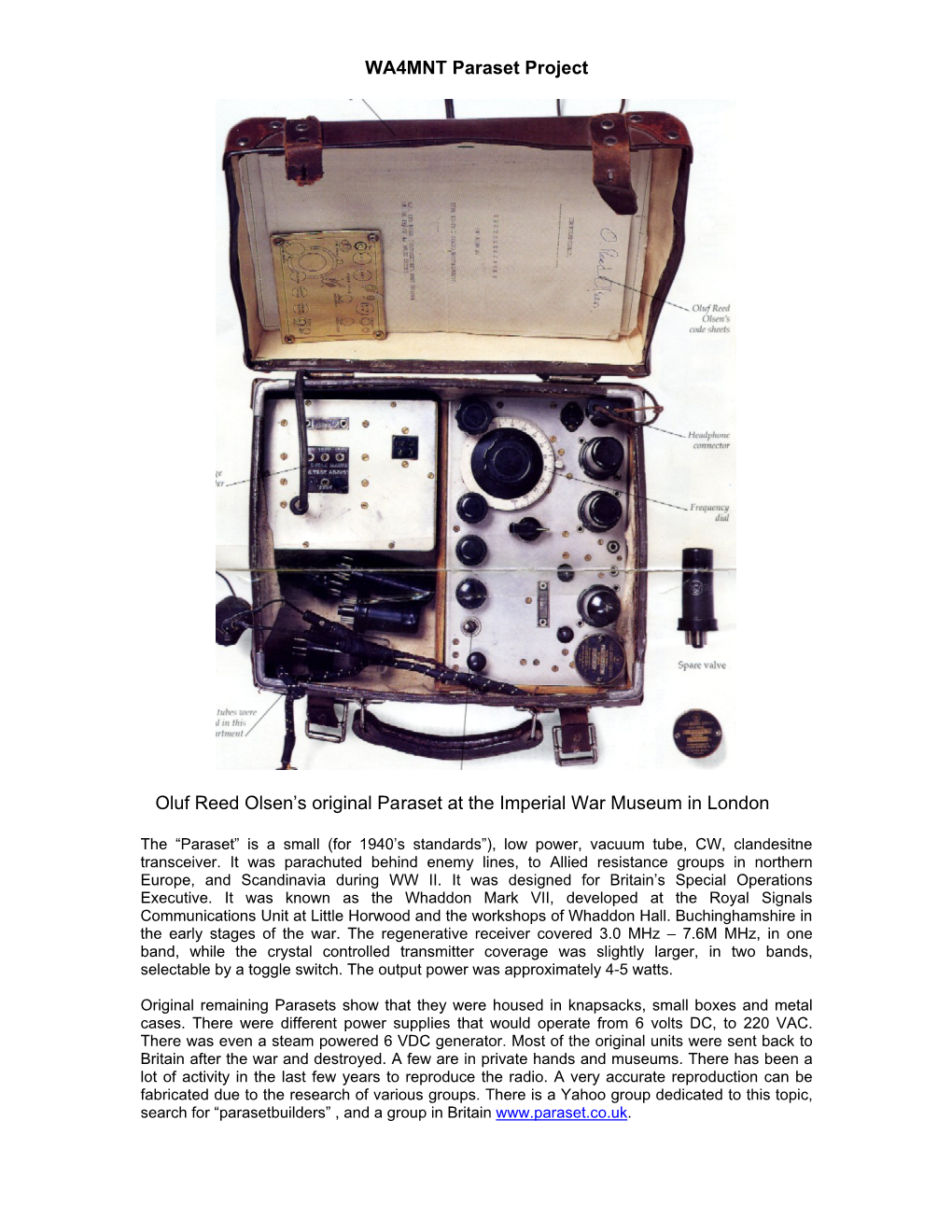 WA4MNT Paraset Project Oluf Reed Olsen's Original Paraset at the Imperial War Museum in London