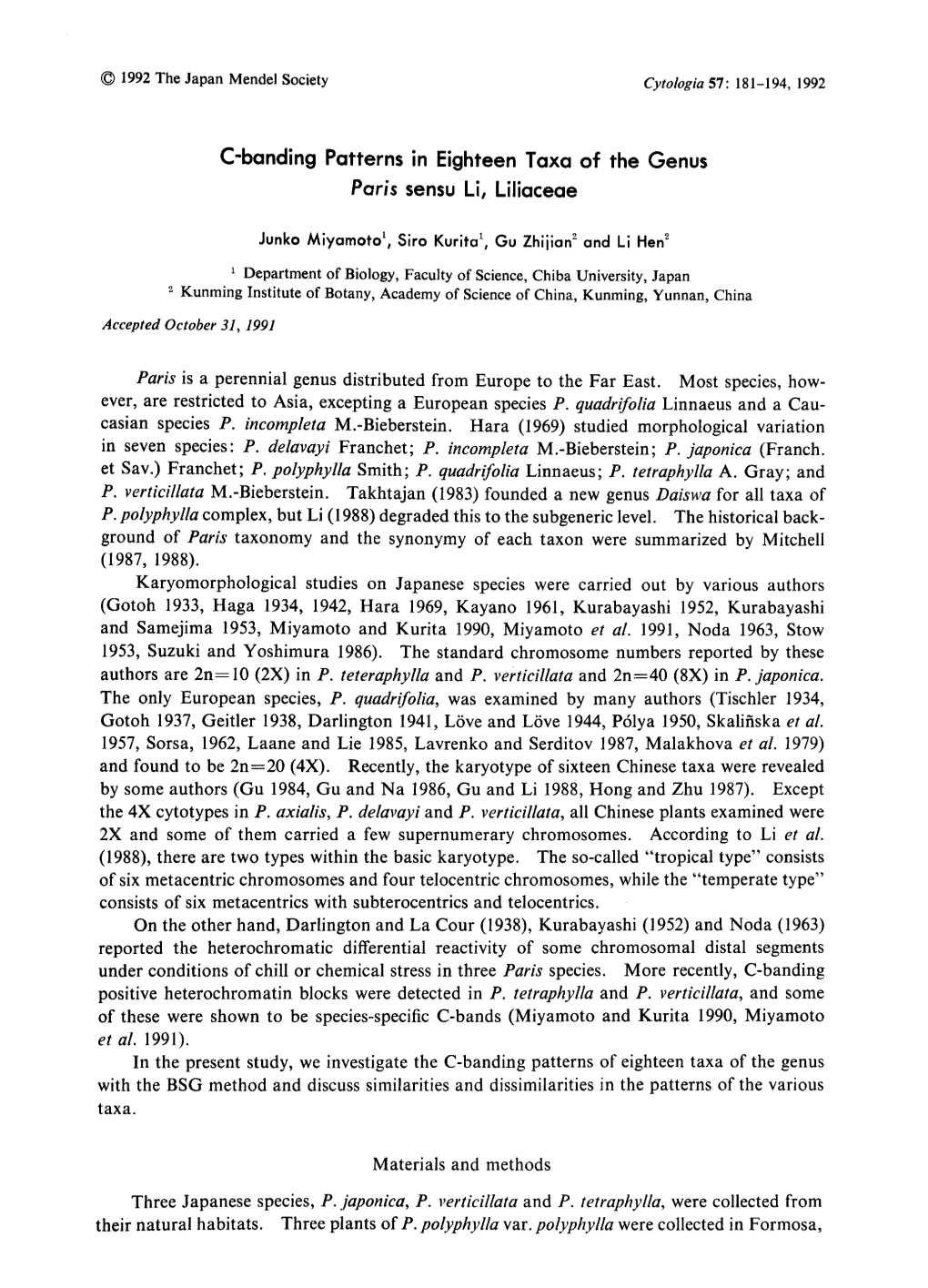 C-Banding Patterns in Eighteen Taxa of the Genus Paris Sensu Li, Liliaceae