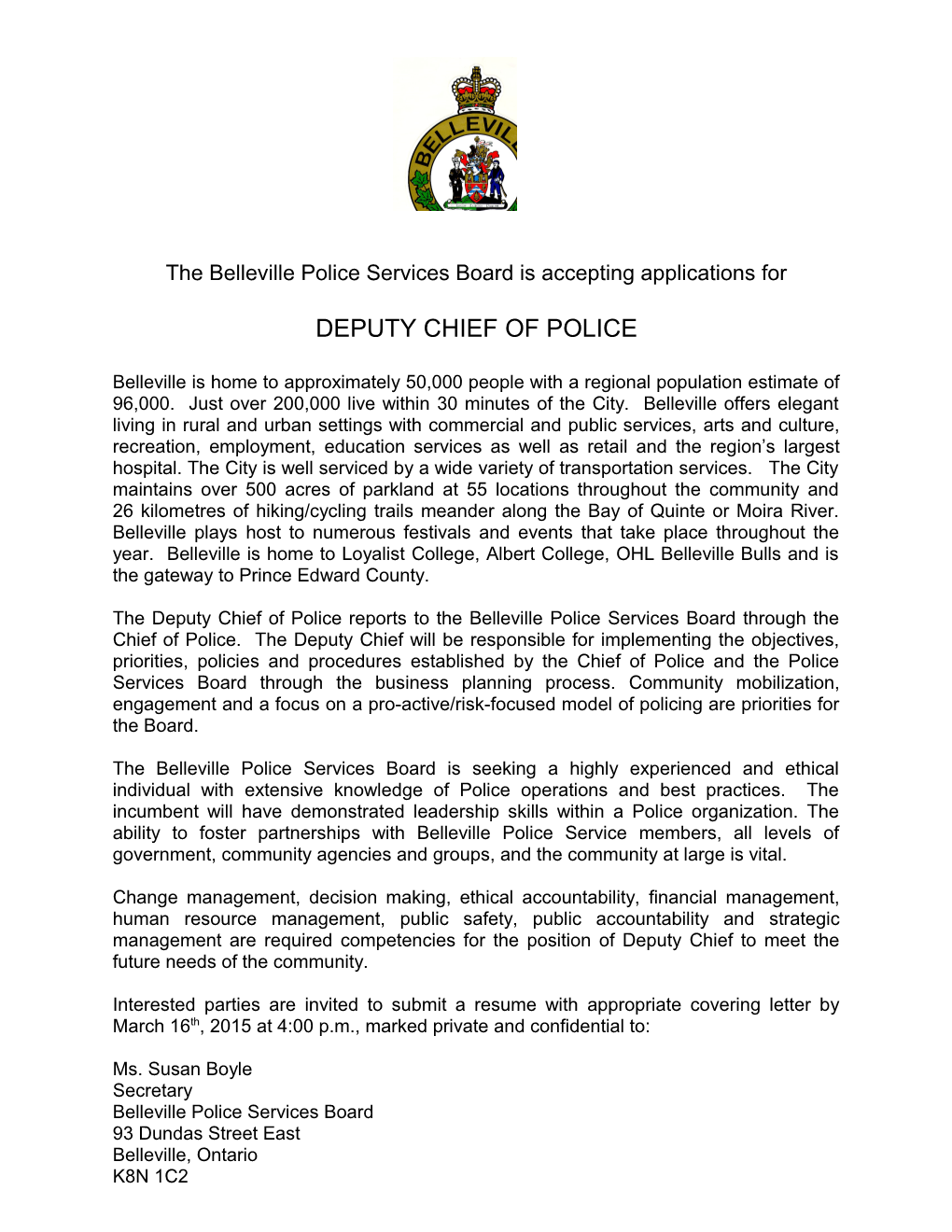 The Belleville Police Services Board Is Accepting Applications For