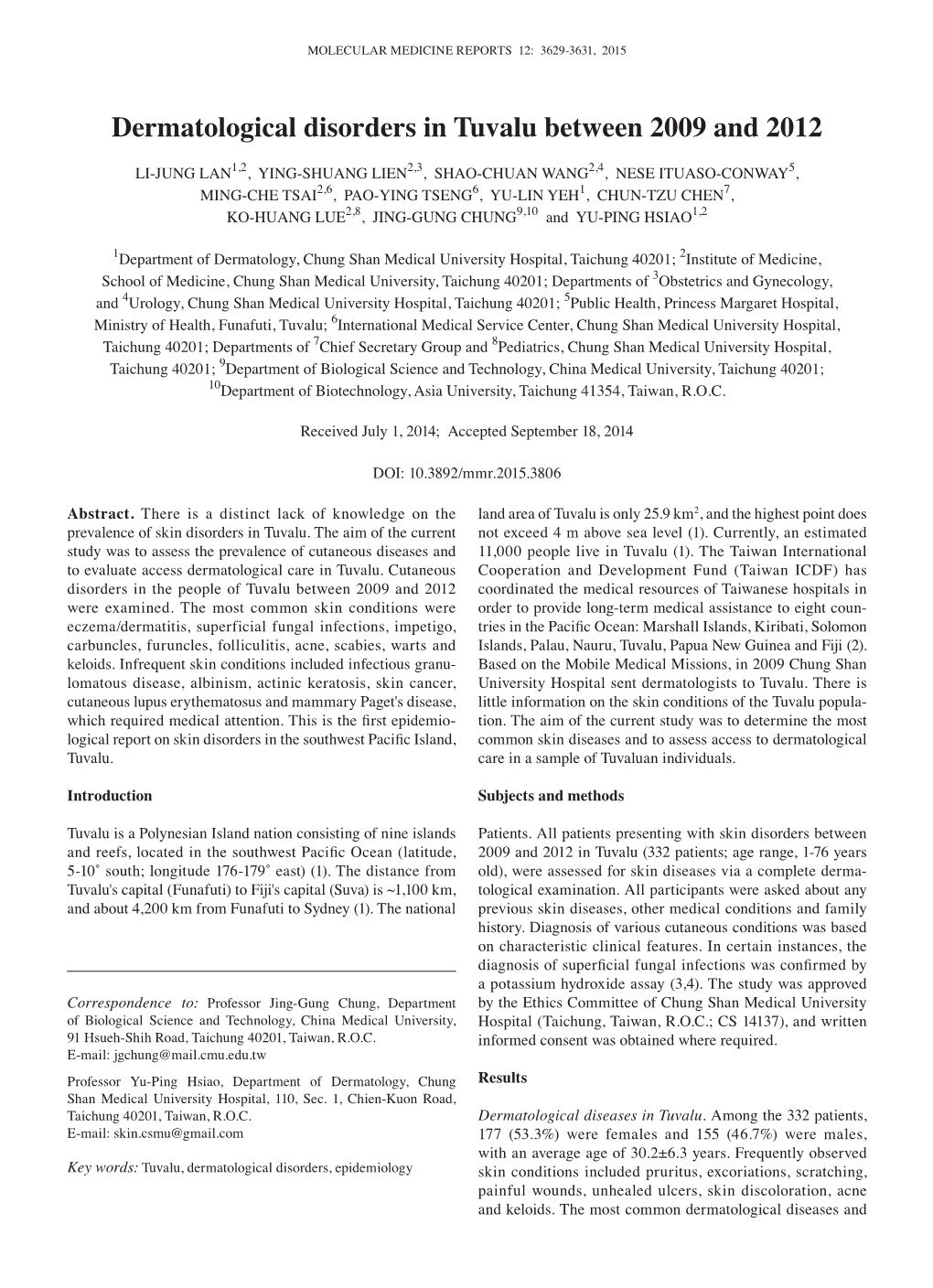 Dermatological Disorders in Tuvalu Between 2009 and 2012