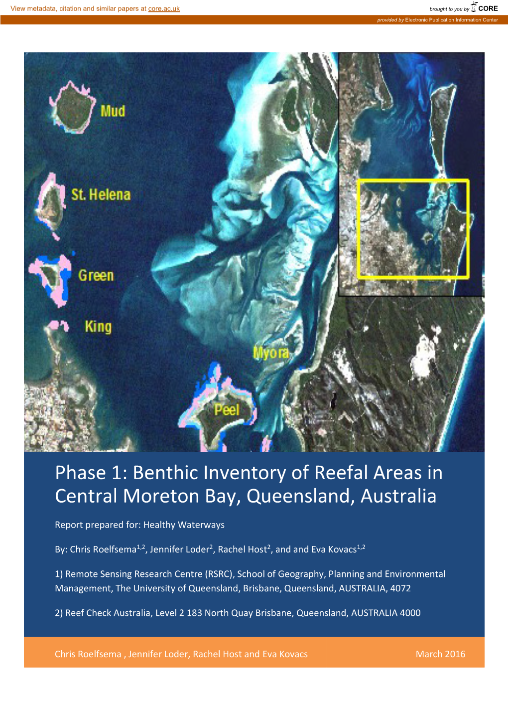 Benthic Inventory of Reefal Areas in Central Moreton Bay, Queensland, Australia