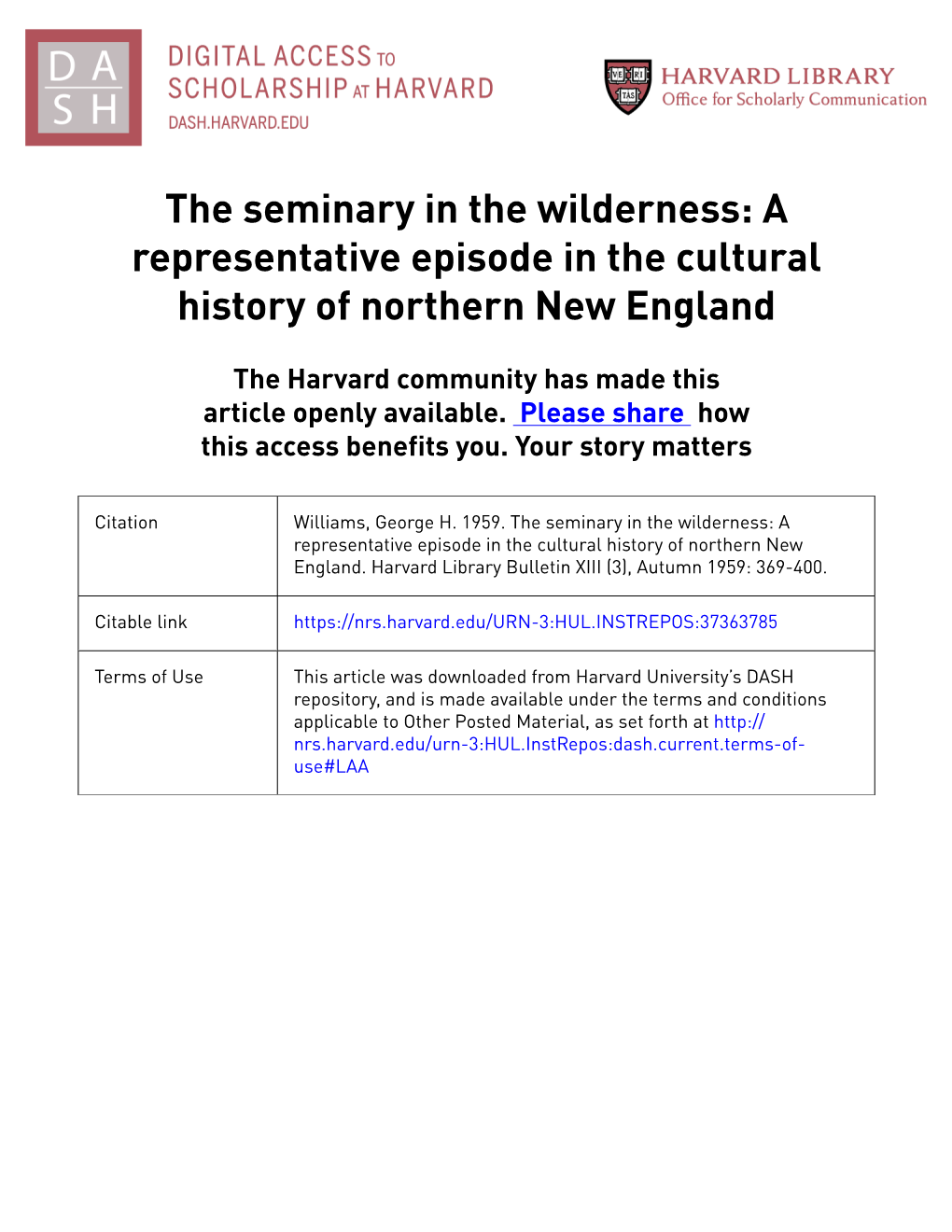 The Seminary in the Wilderness: a Representative Episode in the Cultural History of Northern New England