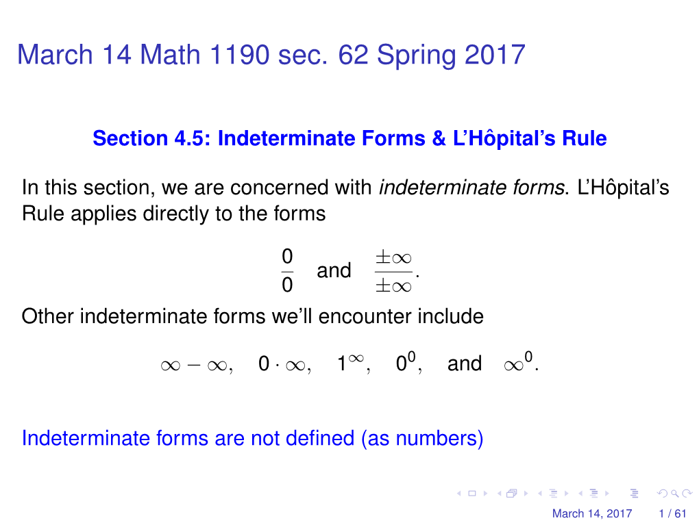 March 14 Math 1190 Sec. 62 Spring 2017