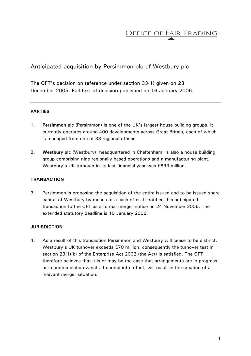 Anticipated Acquisition by Persimmon Plc of Westbury Plc