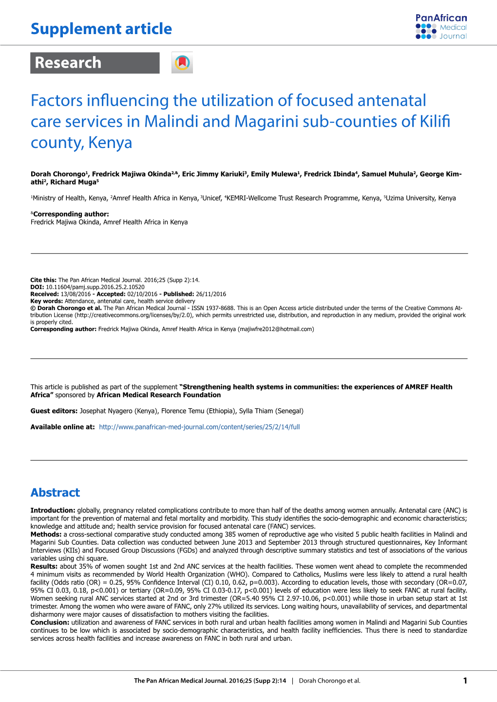 Factors Influencing the Utilization of Focused Antenatal Care Services in Malindi and Magarini Sub-Counties of Kilifi County, Kenya