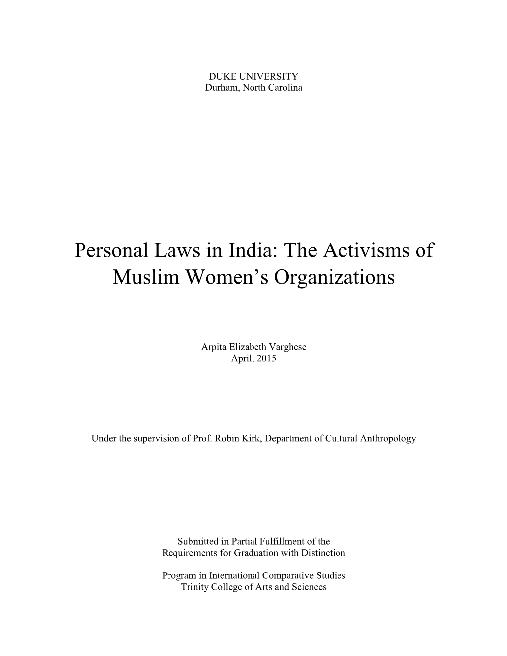 Personal Laws in India: the Activisms of Muslim Women's Organizations