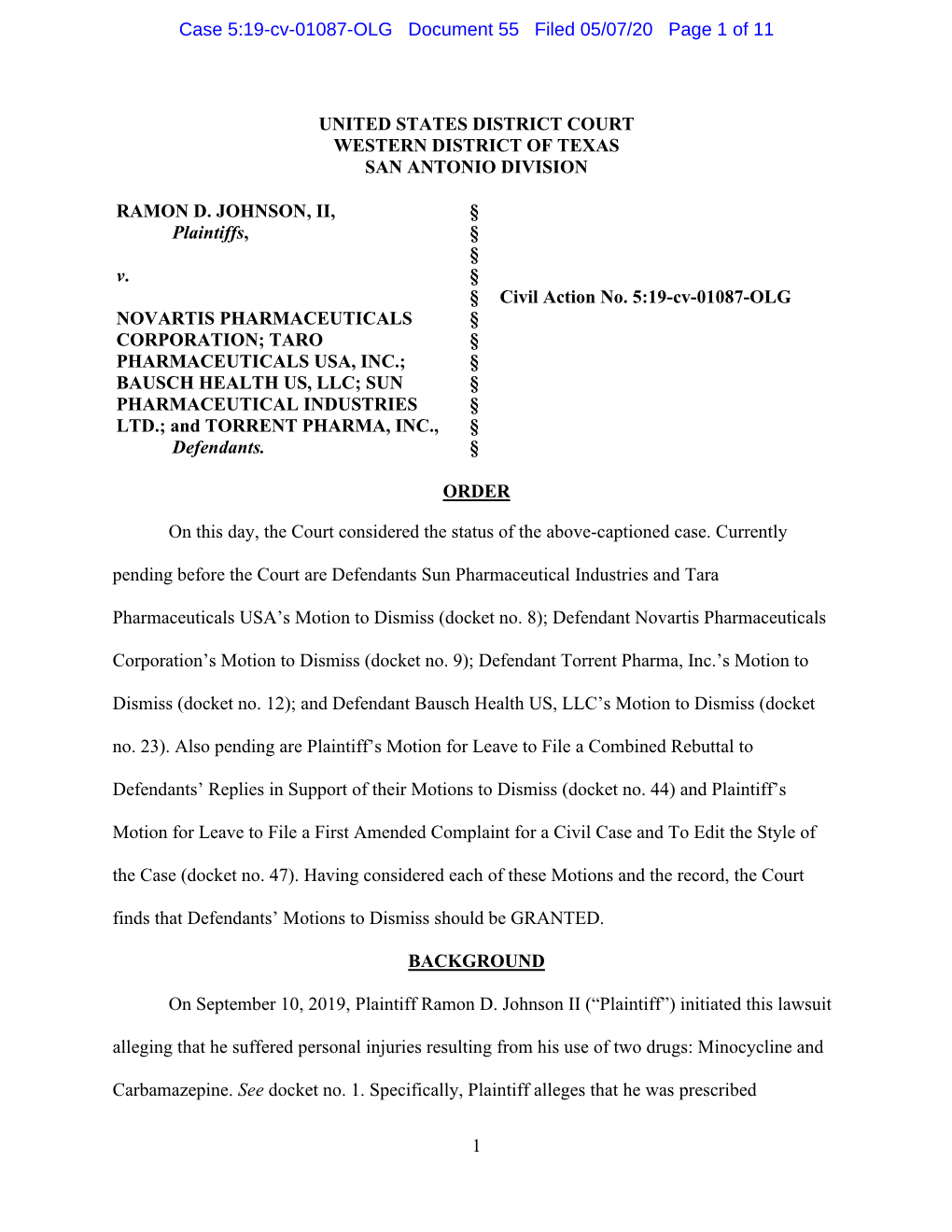 Case 5:19-Cv-01087-OLG Document 55 Filed 05/07/20 Page 1 of 11